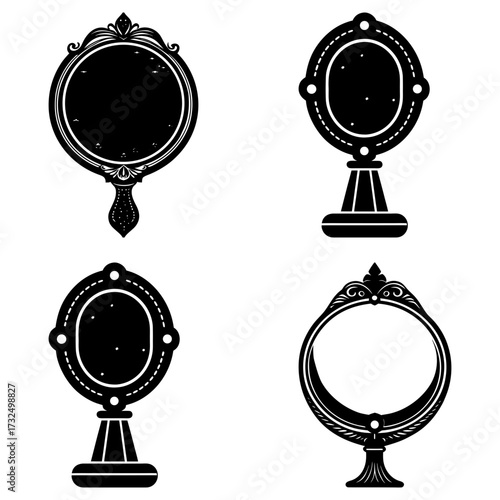 Illustration of four ornate mirrors with different shapes and decorative details in black and white style