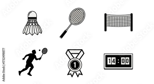 Collection of badminton equipment and symbols for sport and competition