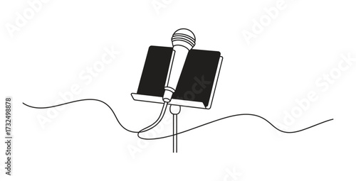 Single line drawing microphone on music stand ready to perform song