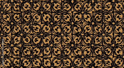 Ornate tiled pattern of stylized floral circles on tan backdrop