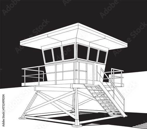 Black and white illustration of modern lifeguard tower with stairs and railings in high contrast setting.
