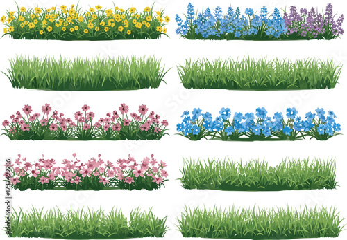 Flower bed and grass illustration set, cartoon garden vegetation, colorful foliage strips, landscaping clipart, nature design elements, vector plant graphics