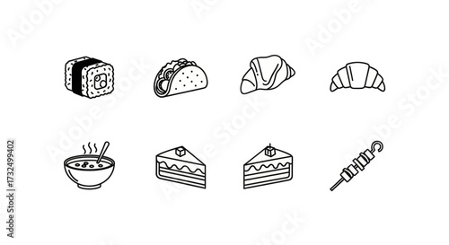 A collection of diverse, simple line art icons representing various popular foods from around the world.