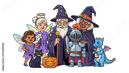 Halloween Character Gathering: A vibrant cartoon illustration showcases a whimsical ensemble of Halloween characters, including a witch, wizard, fairy, knight, and dragon.
