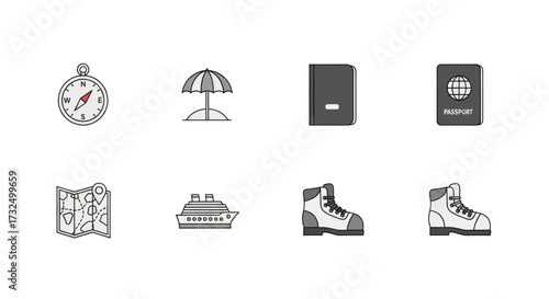 Collection of travel icons for vacation planning and adventure.