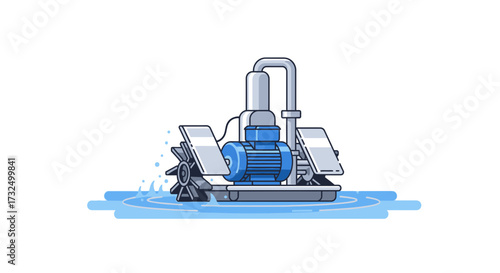 A detailed illustration of an aerator floating on water, blue and gray tones