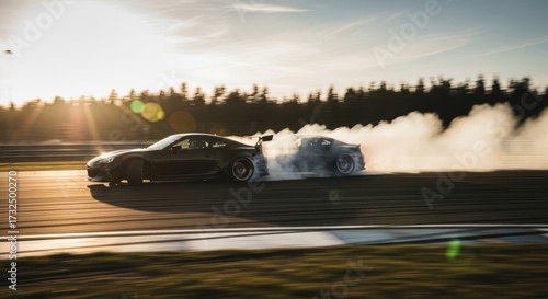 Obraz na płótnie Dynamic Car Drifting with Smoke Trail at Sunset