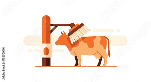 Cartoon Style Illustration of Cow Grooming Itself Using a Scratching Brush