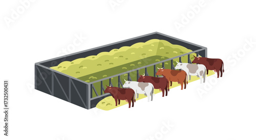 Cattle lineup at feeding trough, showcasing organized farm structure