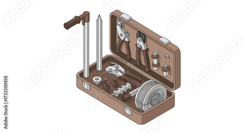 Complete plumbing toolkit in a retro suitcase, isometric industrial tools