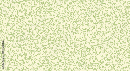 Repeating pattern of green vines with small leaves on a creamy background, filling the frame.