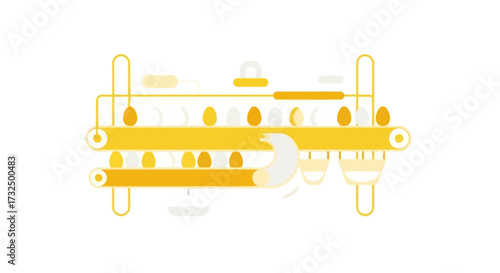 Conceptual illustration of an egg factory assembly line in yellow hues