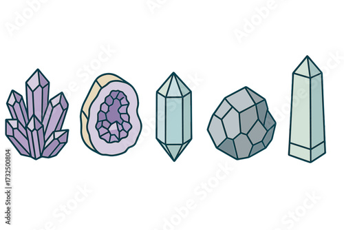 Diverse collection of natural healing crystals, raw geodes, and polished mineral stones with geometric facets and vibrant colors