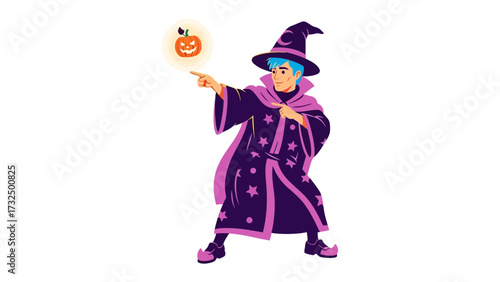 Magical Halloween: A whimsical illustration of a wizard conjuring a jack-o'-lantern during Halloween season. This colorful image encapsulates the spirit of magic and spooky festivities. 