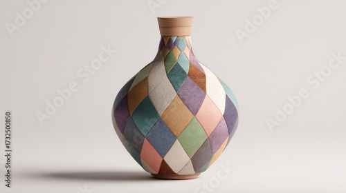 Bulbous vase with diamond patchwork in muted pastel hues, light background