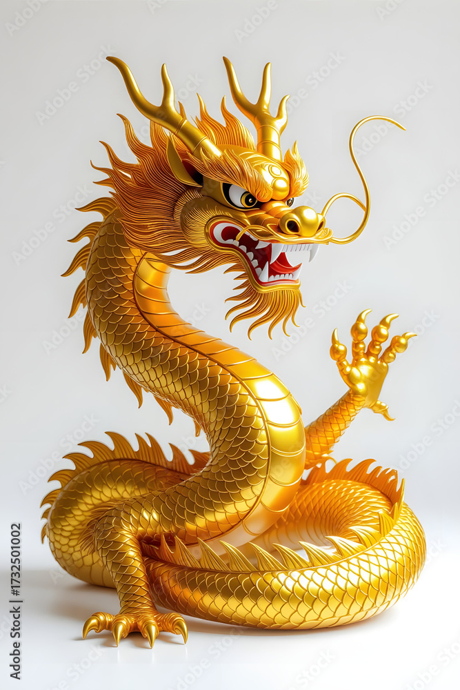 Obraz premium “Golden Chinese Dragon Illustration – Mythical Oriental Creature Isolated on White Background”