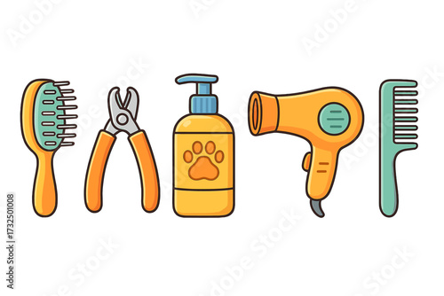 Essential pet grooming tools including brush, clippers, shampoo, dryer, and comb for animal care