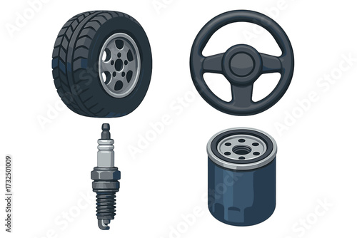 Essential automotive parts including car tire, steering wheel, spark plug, and oil filter for vehicle maintenance