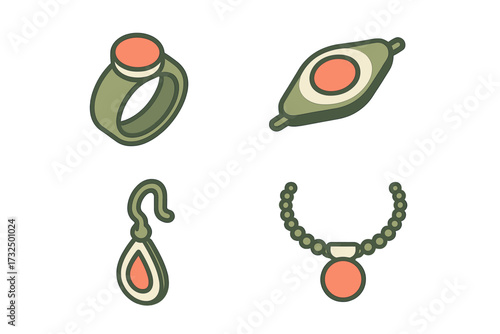 Stylized fashion accessories set featuring a ring, beaded necklace with pendant, drop earring, and decorative brooch pin