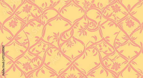 Peach and yellow botanical vine trellis pattern, stylized