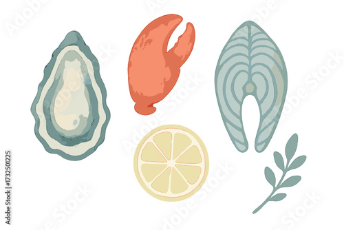 Watercolor style seafood elements with oyster, crab claw, salmon steak, lemon slice, and botanical sprig