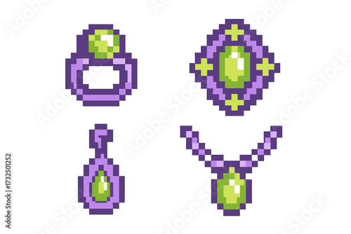 Retro pixel art style fantasy game jewelry collection featuring rings, earrings, pendants, and necklaces adorned with bright green gemstones