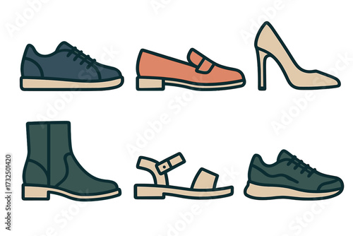 Diverse collection of modern and classic footwear designs including sneakers, loafers, high heels, boots, and sandals