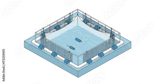 Isometric Aquaculture System Depicting Sustainable Fish Farming in Open Water