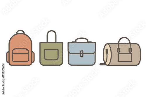 Assortment of essential carrying bags for daily use and travel including backpack tote briefcase and duffel bag designs