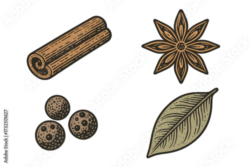 Diverse collection of aromatic culinary spices featuring cinnamon stick, star anise, peppercorns, and bay leaf