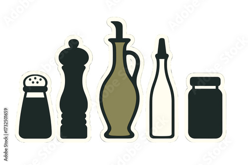 Assortment of kitchen seasoning and condiment bottles and shakers for cooking and dining, essential items for food preparation
