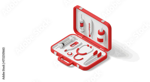 Isometric first aid kit illustration with medical equipment on white background