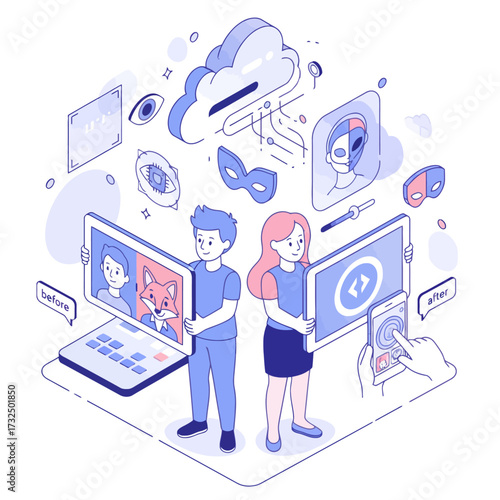 Isometric AI Face Swap App Vector Illustration: People Using Artificial Intelligence for Photo Editing and Digital Content Creation