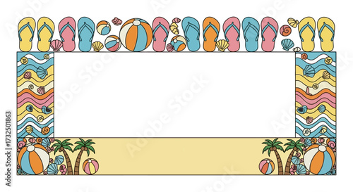 Summer fun beach vacation frame with vibrant flip flops