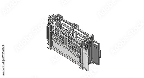 Isometric illustration of a livestock squeeze chute for animal handling