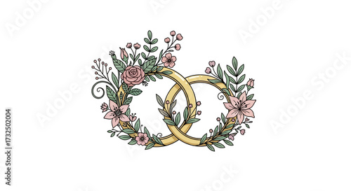 Elegant intertwined wedding rings adorned with delicate pastel floral arrangements