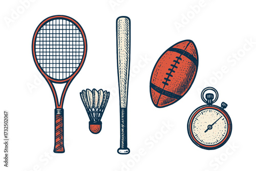 Collection of various sports equipment including tennis racket, baseball bat, football, shuttlecock, and stopwatch