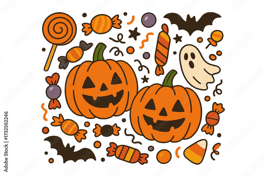 Fototapeta premium Cute Halloween vector set with jack-o'-lantern pumpkins, candy, bats, and a ghost. Cartoon illustration collection for holiday party design, trick or treat, and spooky fun.