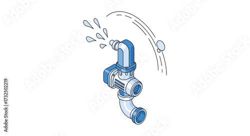 Isometric illustration of pipe system with water droplets and flowing lines