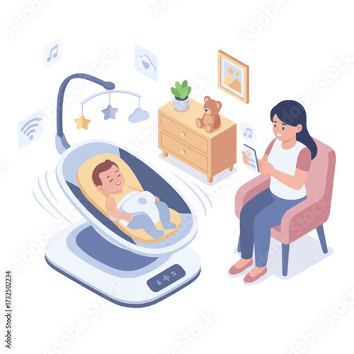 Isometric Smart Baby Swing Vector Icon: Mother Controlling the Automatic Baby Bouncer with a Tablet for Child Care and Technology
