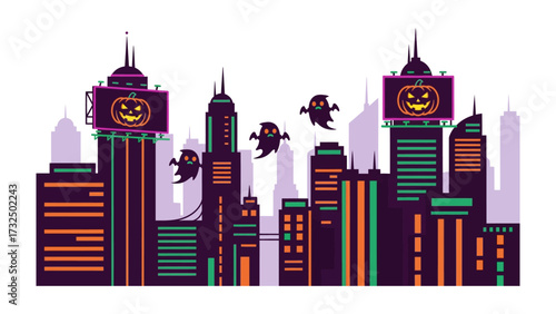 Halloween Haunts the City Skyline: A whimsical Halloween scene unfolds as playful ghost floats among city skyline, with festive pumpkin adorning billboard, all set against stark background.