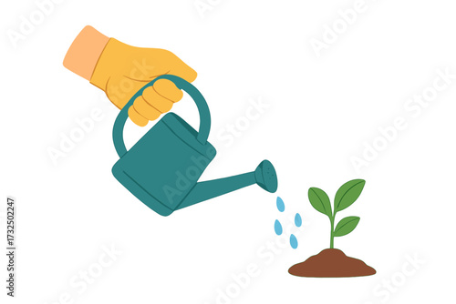 Hand with can watering a young plant. New life, growth, and beginnings. Nurturing a seedling. Metaphor for business startup, investment, care, and development concept.