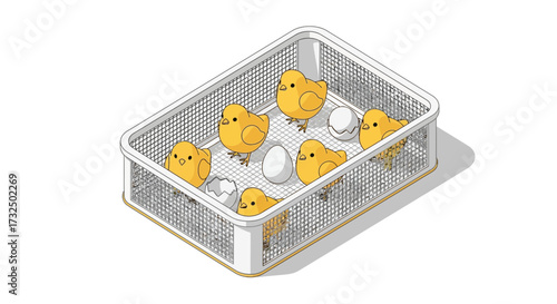 Isometric illustration presenting adorable chicks in a mesh container