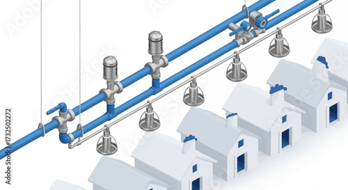 Isometric illustration of water pipes providing water to suburban houses