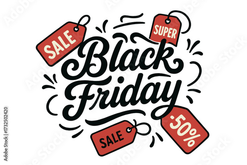 Black Friday sale vector illustration with lettering. Advertising poster or banner design template with red price tags. Super sale, 50% discount. Retro vintage cartoon style.