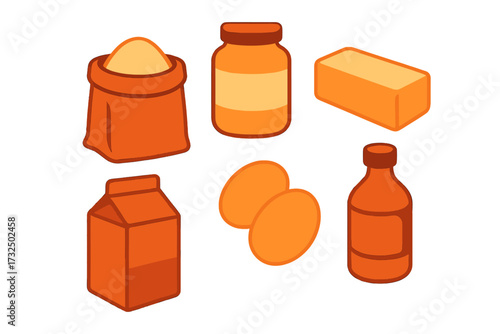 Essential baking ingredients set featuring flour, milk, eggs, butter, and other common kitchen staples