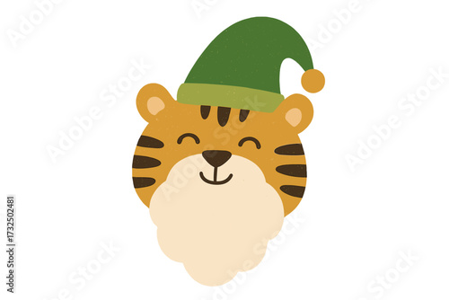 Cute tiger in elf hat and Santa beard. Believe in your elf. Christmas holiday lettering poster. Minimalist flat cartoon character design for invitation or greeting card.