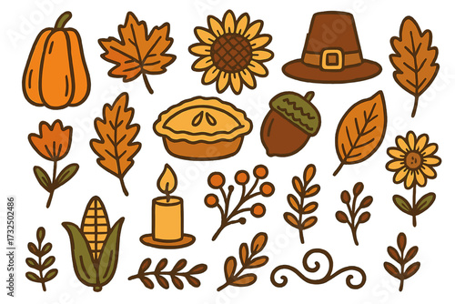Autumn Thanksgiving doodle icon set. Hand-drawn fall collection with pumpkin, pilgrim hat, pie, corn, sunflower, maple leaf. Vector elements for seasonal holiday design.