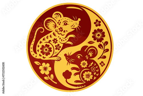 Chinese New Year of the Rat zodiac in a yin yang symbol. Red and gold paper cut mice with flowers. Asian traditional craft style vector for lunar new year celebration greeting.