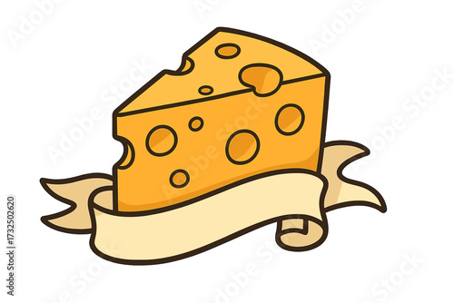 Cheese slice with ribbon banner vector logo. Swiss cheese icon for gourmet food branding. Dairy product emblem for restaurant menu. Cartoon illustration for packaging design.